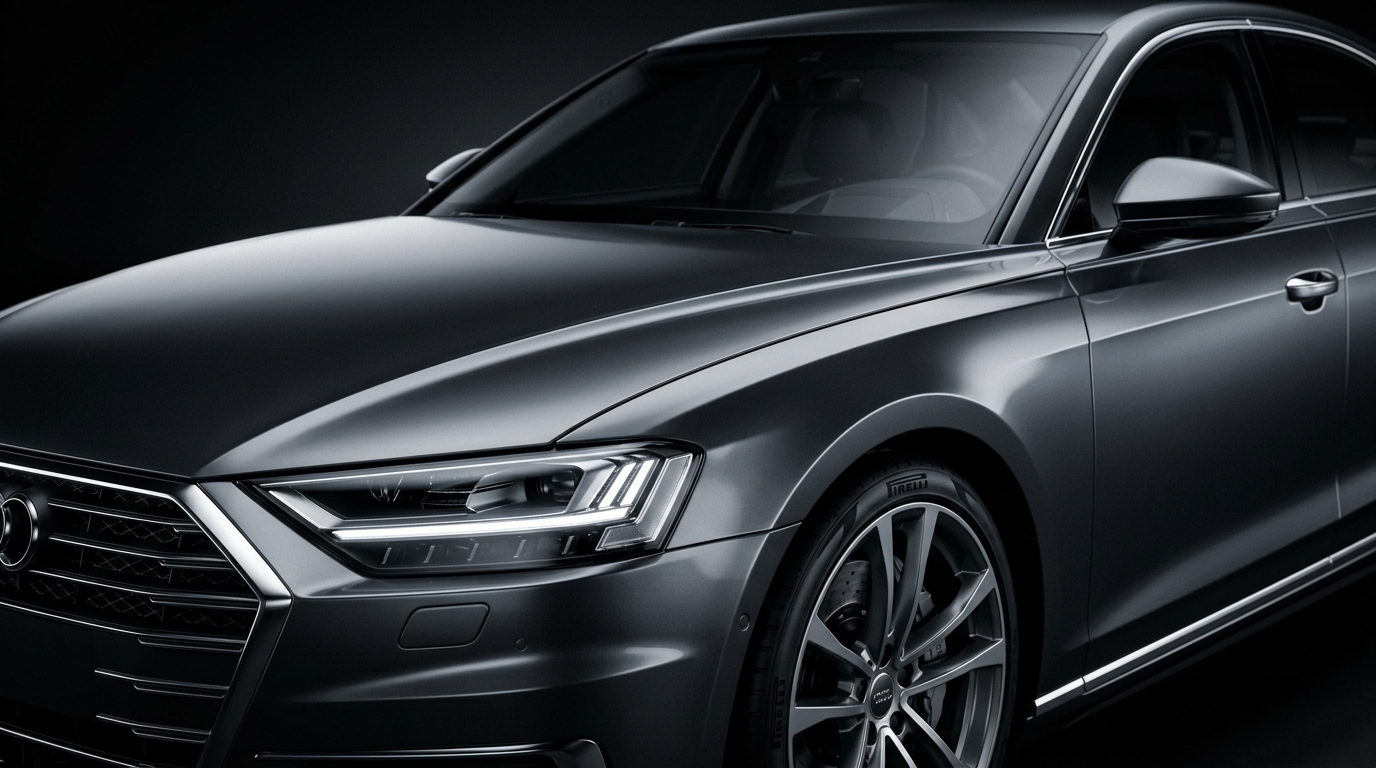 Aston Martin DB style, partially lit, fading into darkness