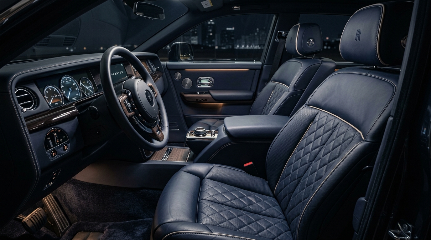 Professional detailer working on luxury car, dramatic studio lighting