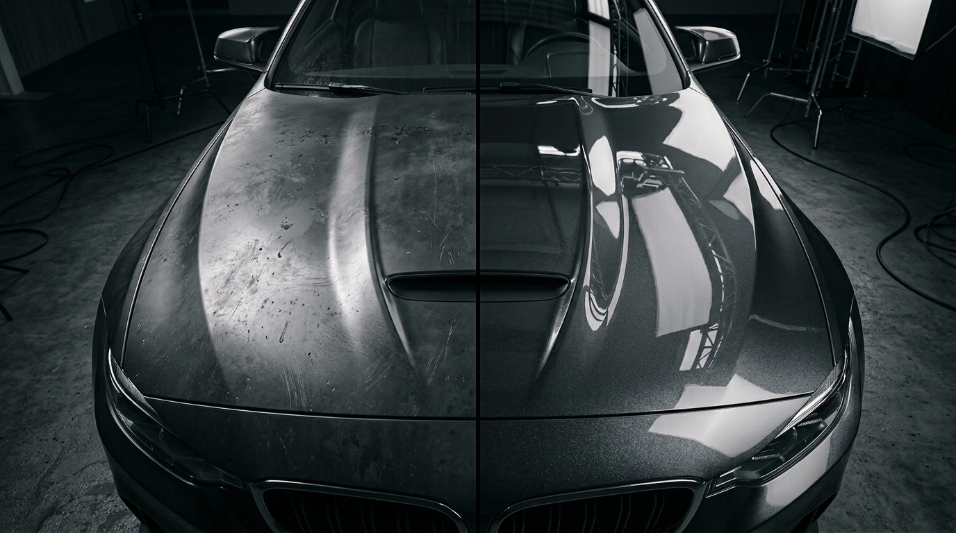Before/after paint correction, half polished hood, dramatic lighting