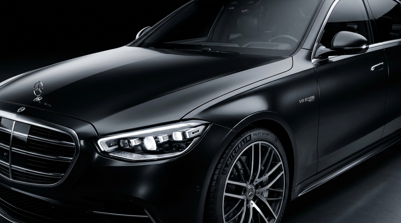 Luxury coupe front view, moody studio shot