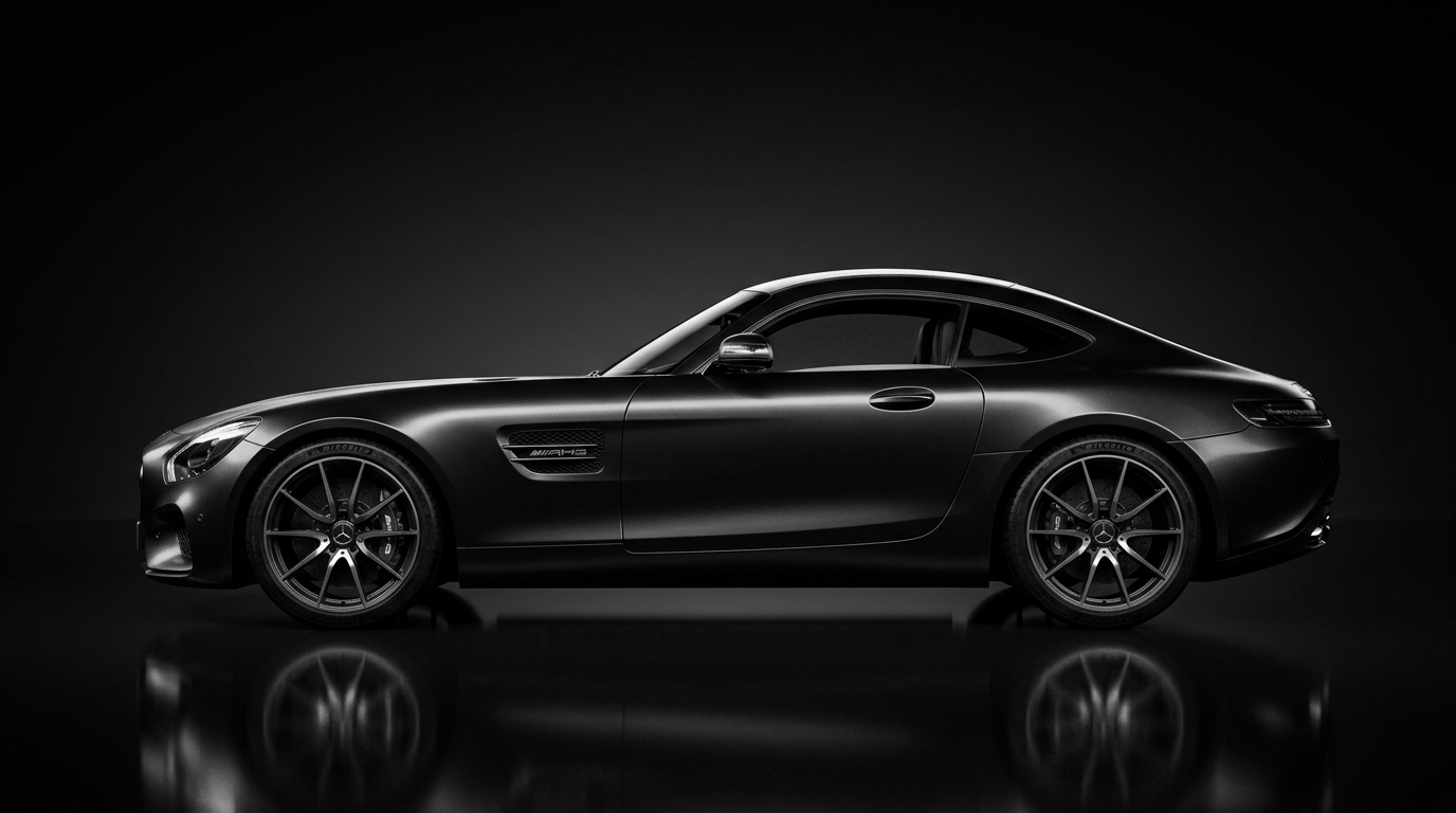 Luxury sedan profile, studio reflection, dark mood